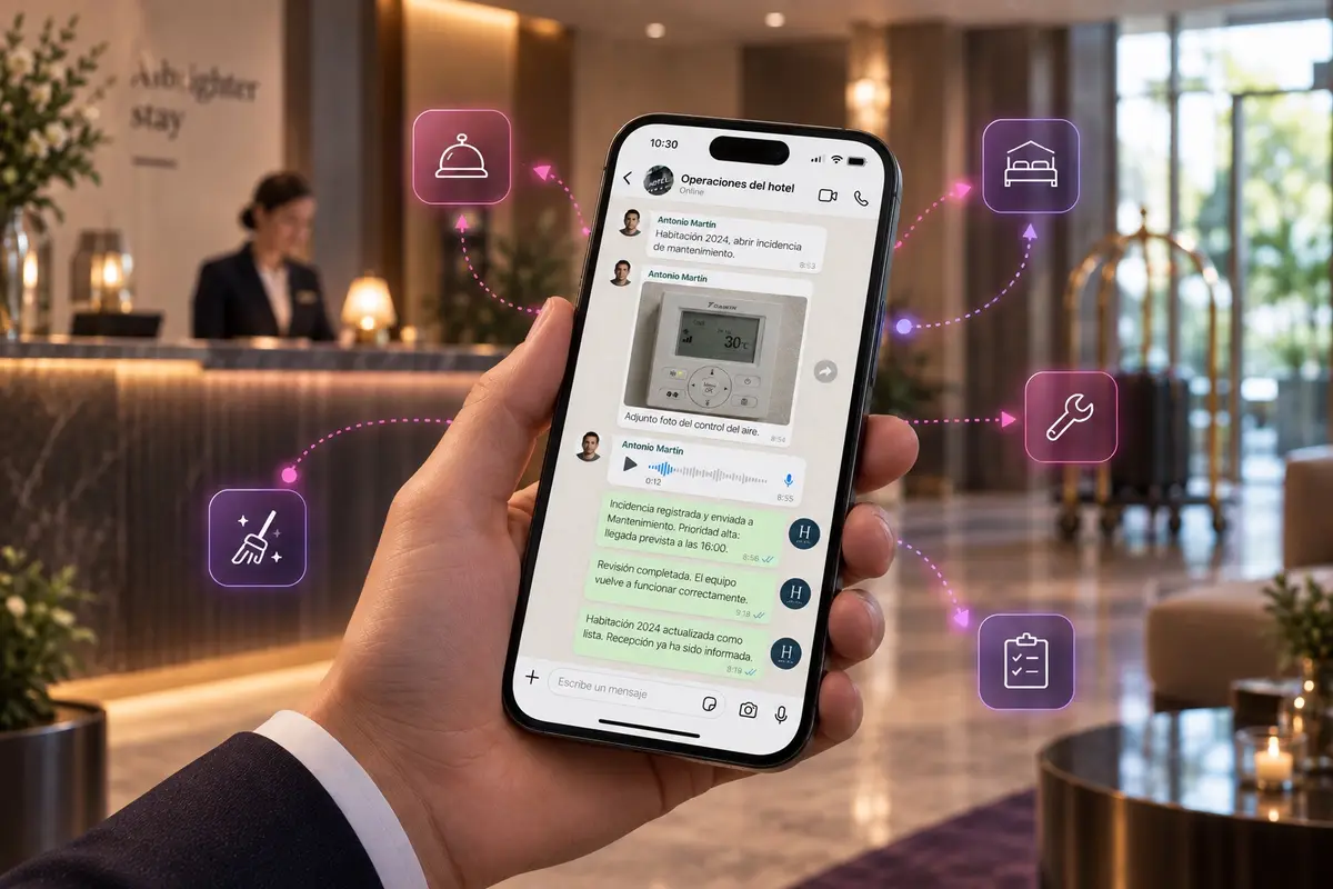 Móvil con un chat de WhatsApp de operaciones del hotel conectado a los departamentos